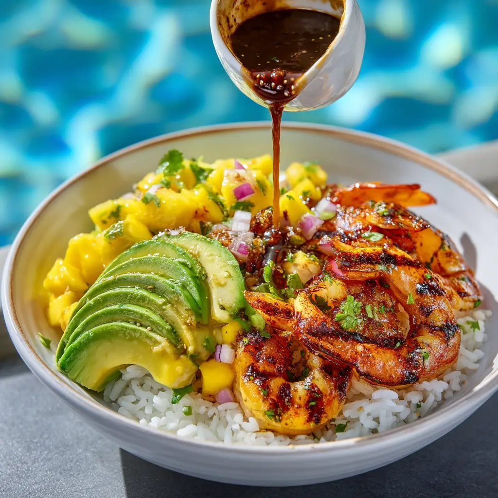 A delicious looking shrimp and avocado bowl drizzled with zesty cilantro-lime dressing, ready to be eaten.