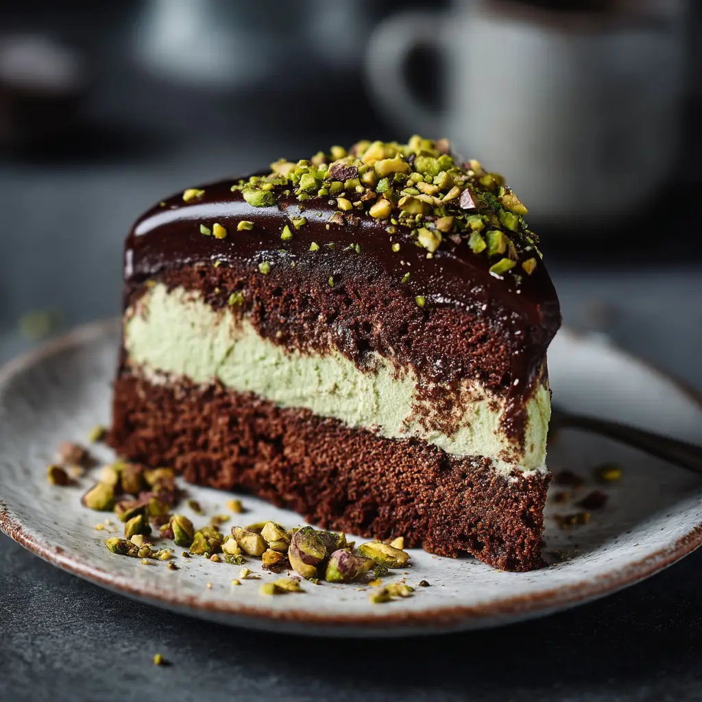 Dubai Chocolate Pistachio Cake (The Viral Recipe Everyone's Talking About) 1 A slice of the Dubai Chocolate Pistachio Cake, emphasizing the thick, glossy chocolate shell that encases the nutty pistachio filling.