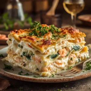 Seafood Lasagna: The Ultimate Creamy & Decadent Recipe 3 A thick, delicious slice of white seafood lasagna on a white plate, showcasing the creamy layers of pasta, seafood, and cheese.