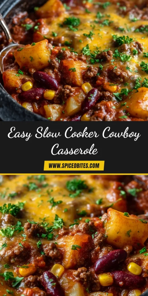 Slow Cooker Cowboy Casserole (The Ultimate Hearty & Easy Recipe) 4 Slow Cooker Cowboy Casserole loaded with ground beef, cheese, beans, and a crispy tater tot topping. The ultimate easy and hearty family dinner recipe.