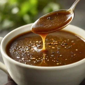 An extreme close-up of thick, savory brown gravy being poured, highlighting its smooth, velvety texture. This shows the perfect consistency of the homemade kfc gravy.