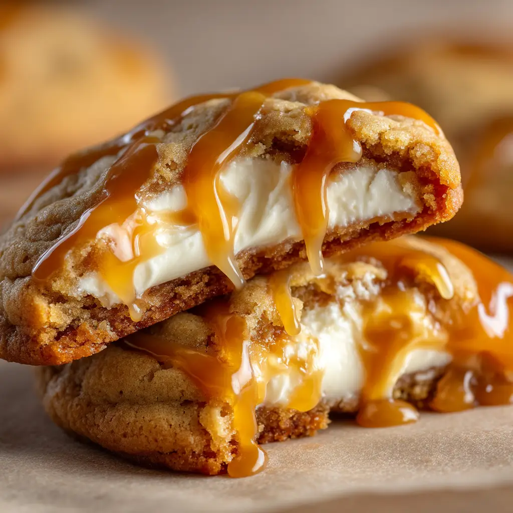 Caramel Cheesecake Cookies: The Ultimate Gooey-Centered Treat 1 A stack of three Caramel Cheesecake Cookies on a white plate, emphasizing their soft and chewy texture.