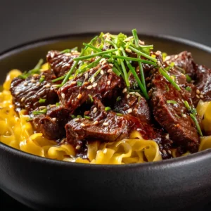 Sticky Beef Noodles: The Ultimate 30-Minute Weeknight Dinner 4 An extreme close-up shot of sticky beef stir-fry noodles, showing the glossy sauce coating the tender beef and noodles.