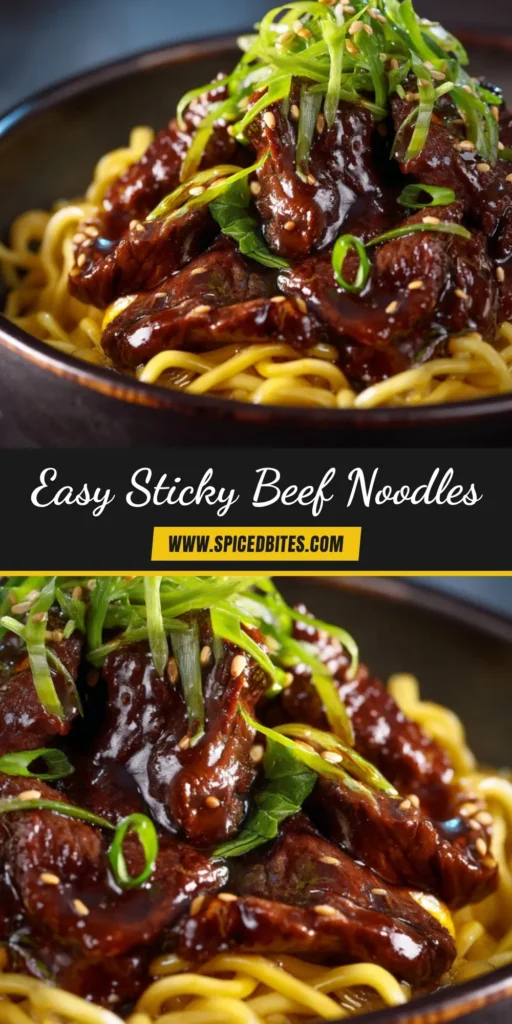 Sticky Beef Noodles: The Ultimate 30-Minute Weeknight Dinner 3 A top-down view of a white bowl filled with delicious Sticky Beef Noodles, garnished with fresh green onions and sesame seeds.