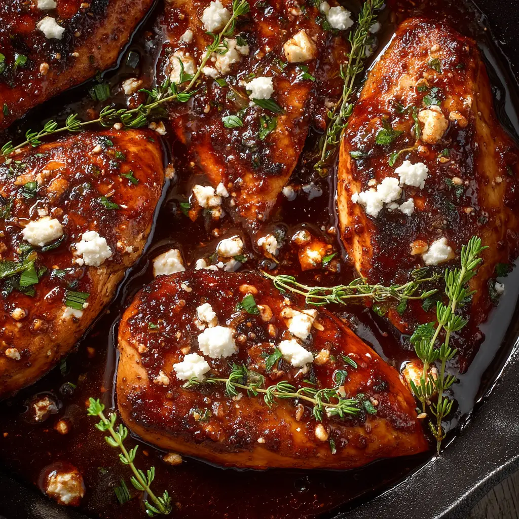 A beautiful overhead view of the finished one-pan hot honey feta chicken, ready to be served from the skillet. A perfect representation of a quick weeknight dinner.