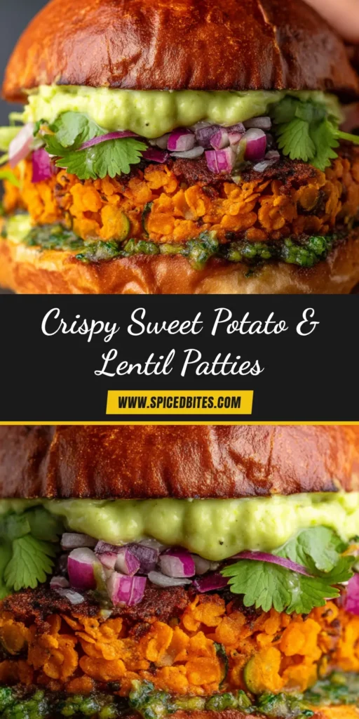 A stack of golden-brown sweet potato and red lentil patties served on a plate with a side of fresh yogurt dip and herbs.