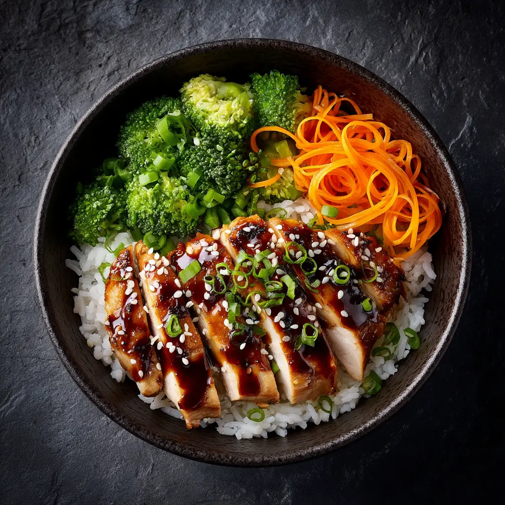 Teriyaki Chicken Rice Bowl: Better Than Takeout in 30 Minutes 1 Assembling the easy chicken bowl with tender teriyaki chicken being added to a bed of fluffy white rice.