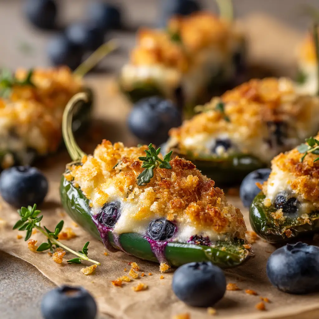 A tray of sweet and spicy blueberry brie jalapeno poppers fresh from the oven, showing the bacon crisped to perfection and the cheese bubbling.