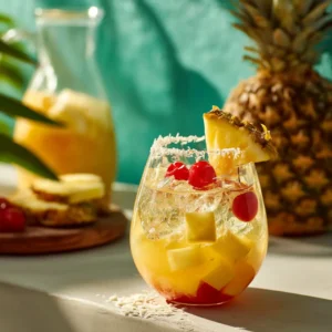 Pineapple Sangria: The Ultimate Tropical Getaway in a Glass 4 A close-up shot of a glass of pineapple sangria, garnished with a slice of lime and a pineapple wedge, showcasing the drink's bright color.