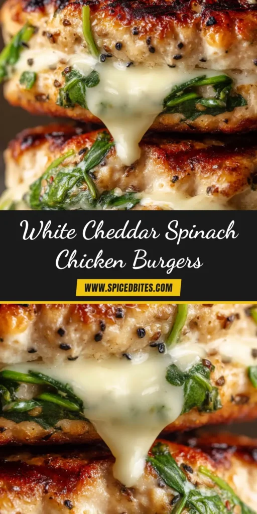 An overhead shot of two juicy White Cheddar and Spinach Chicken Burgers on wooden boards, ready to be shared. The perfect recipe pin for a delicious dinner.