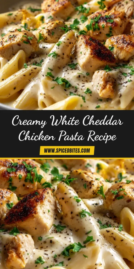 White Cheddar Chicken Pasta (The Ultimate Creamy Recipe) 4 A stunning overhead shot of White Cheddar Chicken Pasta in a white bowl, garnished with fresh parsley. The perfect pin to showcase this creamy, cheesy recipe.