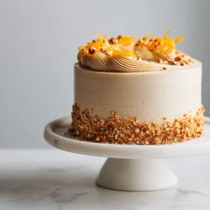 Orange Hazelnut Cake Recipe (The BEST Moist Crumb!) 4 A whole, beautifully frosted orange hazelnut layer cake sitting on a rustic wooden cake stand, ready to be served. The citrus dessert is garnished with orange zest.