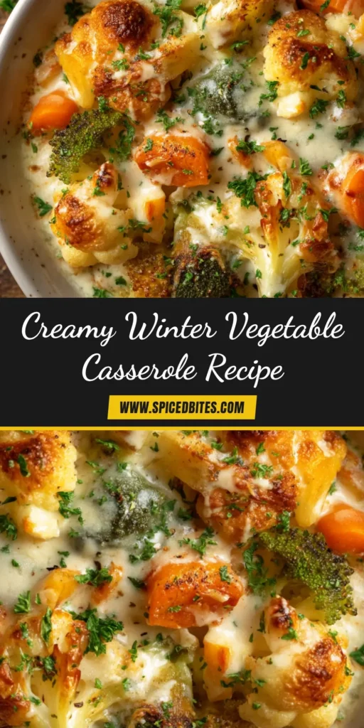 A delicious and hearty Winter Vegetable Casserole in a white baking dish, topped with golden-brown breadcrumbs and ready to be served.