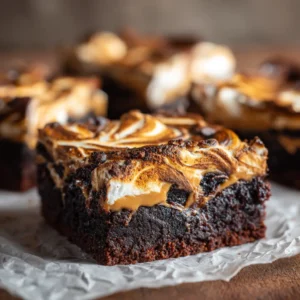 Ultimate Decadent Fluffernutter Brownies 3 Close up shot of dark chocolate brownies cut into squares with melted golden-brown marshmallow fluff and tan peanut butter.