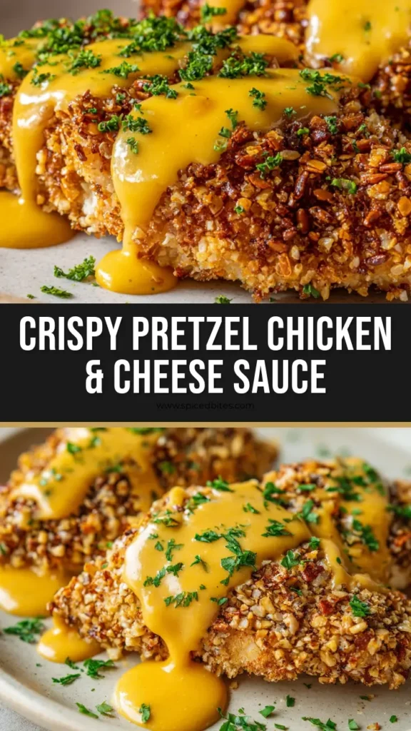 The Ultimate Pretzel Crusted Chicken with Mustard-Cheddar Sauce 4 A close-up of crispy Pretzel Crusted Chicken drizzled with a glossy yellow-orange mustard-cheddar sauce.