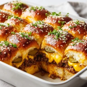 Hawaiian Roll Cheeseburger Sliders: The Ultimate Pull-Apart Recipe 3 A close-up view of golden-brown Hawaiian Roll Cheeseburger Sliders in a white ceramic dish. Melted American and cheddar cheese oozes from the sides of the juicy beef layer.