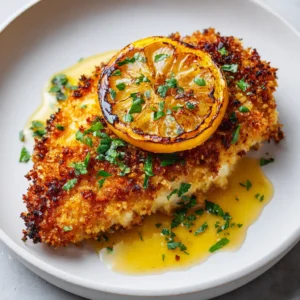 Lemon Chicken Romano: The Ultimate Crispy & Zesty Recipe 3 A close-up of a crispy pan-fried chicken breast with a golden-brown Romano cheese crust, drizzled with a glossy lemon butter sauce and garnished with parsley. (Lemon Chicken Romano)