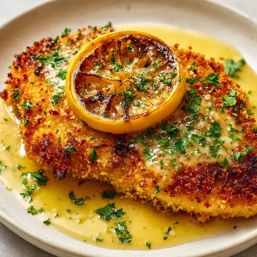 Lemon Chicken Romano: The Ultimate Crispy & Zesty Recipe 1 An overhead view of the Lemon Chicken Romano, showing the charred lemon slice garnish and fresh parsley flakes on a white ceramic plate.