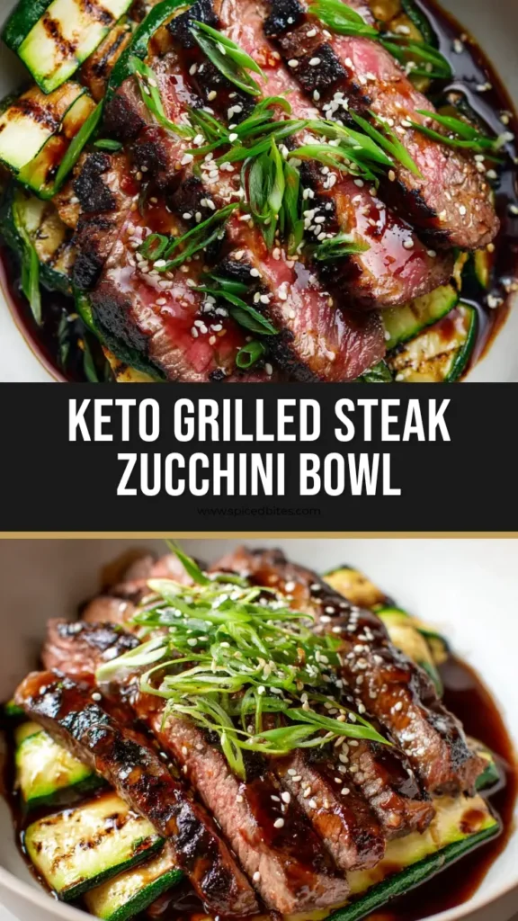 A top-down close-up of a Keto Steak Bowl in a white ceramic bowl, showing grilled zucchini, sliced medium-rare steak, and a savory glaze.