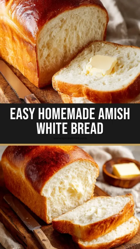 Amish White Bread Recipe for the Softest, Fluffiest Loaf 4 A pin-style image showcasing a perfectly baked loaf of Amish White Bread with two thick slices cut and a pad of melting butter.