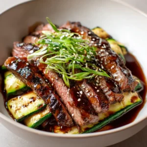 An overhead view of the finished Keto Steak Bowl, highlighting the seared crust on the steak and char marks on the zucchini.