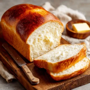 Amish White Bread Recipe for the Softest, Fluffiest Loaf 3 A freshly baked loaf of Amish White Bread on a rustic wooden board, showcasing its smooth, golden-brown crust and a thick slice with melting butter.