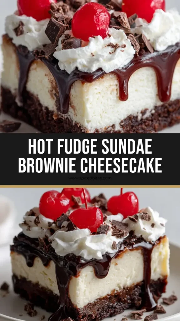 The Ultimate Hot Fudge Sundae Brownie Cheesecake Recipe 4 A decadent slice of Hot Fudge Sundae Brownie Cheesecake on a white plate, topped with hot fudge, whipped cream, and a cherry.