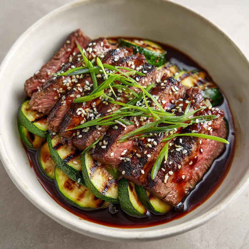A close-up shot of the Keto Steak Bowl, focusing on the glossy glaze, toasted sesame seeds, and fresh scallion garnish.