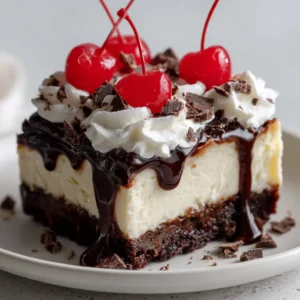 The Ultimate Hot Fudge Sundae Brownie Cheesecake Recipe 3 A close-up shot of a slice of Hot Fudge Sundae Brownie Cheesecake, highlighting the distinct layers of fudgy brownie and creamy cheesecake.