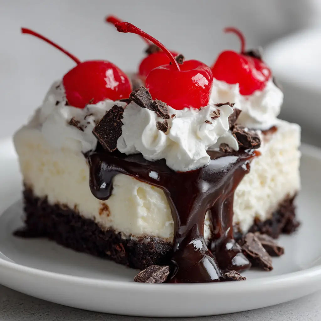 The Ultimate Hot Fudge Sundae Brownie Cheesecake Recipe 1 A slice of homemade Hot Fudge Sundae Brownie Cheesecake on a simple white dessert plate, with dripping fudge and a cherry on top.