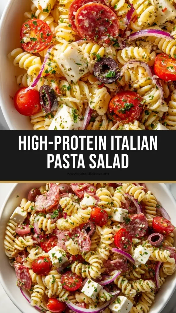 High-Protein Italian Pasta Salad That's Actually Filling 4 A vibrant and colorful High-Protein Italian Pasta Salad in a white bowl, ready to be pinned. Shows rotini, salami, mozzarella, and tomatoes.