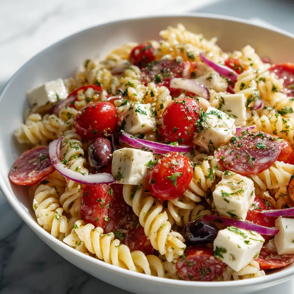 High-Protein Italian Pasta Salad That's Actually Filling 1 An overhead shot of the High-Protein Italian Pasta Salad, showing the glistening vinaigrette and fresh parsley garnish.