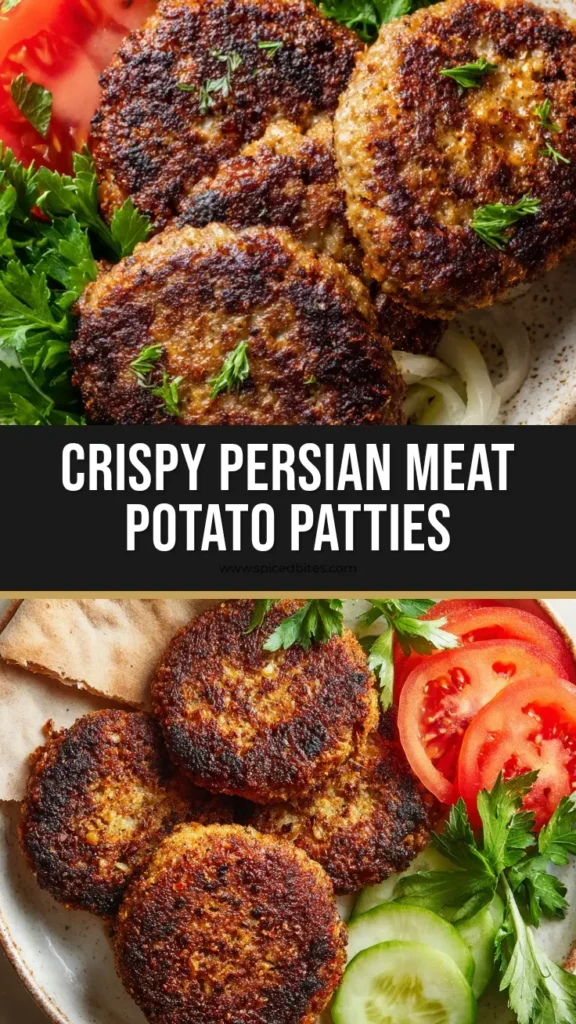 A shareable pin image showing crispy oval-shaped Persian Kotlet on a plate with text overlay for the Persian Kotlet Recipe.
