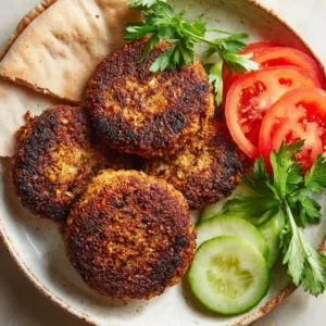 A close-up, top-down view of three crispy, golden-brown Persian Kotlet patties on a white plate, served with fresh parsley, sliced tomatoes, and cucumbers. (Persian Kotlet Recipe)