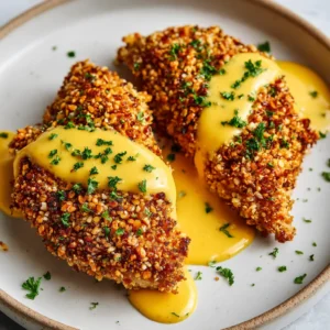 The Ultimate Pretzel Crusted Chicken with Mustard-Cheddar Sauce 3 A crispy baked chicken breast completely coated in coarse, golden-brown crushed pretzel pieces on a light-colored plate.