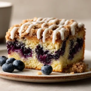A close-up shot of a thick square slice of blueberry coffee cake on a white plate. The cake has a moist yellow crumb, bursting blueberries, a chunky streusel top, and a white glaze. (Blueberry Coffee Cake)