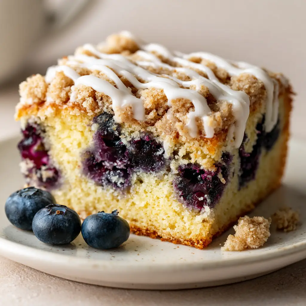 An overhead view of the blueberry coffee cake slice, showing the thick golden-brown cinnamon streusel and crisscrossing lines of vanilla glaze.