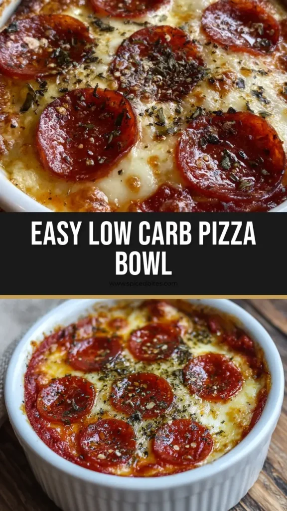 An overhead shot of a single serving low carb pizza bowl in a white ramekin, showing melted golden-brown cheese and crispy pepperoni.