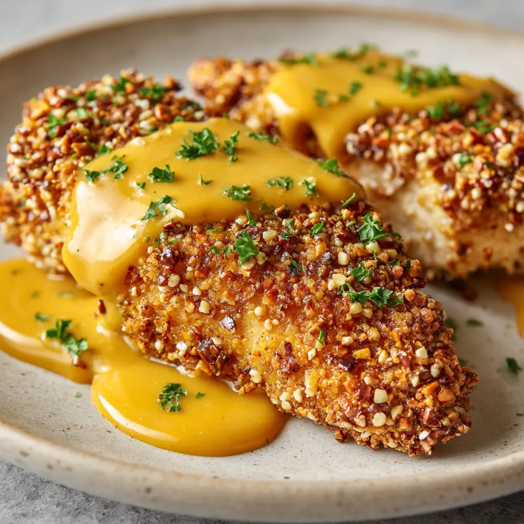 The Ultimate Pretzel Crusted Chicken with Mustard-Cheddar Sauce 1 Thick, warm mustard-cheddar cheese sauce pooling around a Pretzel Crusted Chicken breast, garnished with fresh chopped green parsley.