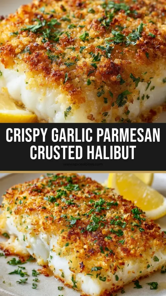 Garlic Parmesan Crusted Halibut: The Ultimate Crispy Fish Dinner 4 A close-up shot of a Garlic Parmesan Crusted Halibut fillet on a white plate, with a lemon wedge. The crust is golden-brown and crispy.