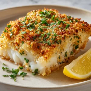 Garlic Parmesan Crusted Halibut: The Ultimate Crispy Fish Dinner 3 A thick, flaky white halibut fillet topped with a crispy, golden-brown baked garlic and parmesan cheese crust, garnished with parsley. (Garlic Parmesan Crusted Halibut)