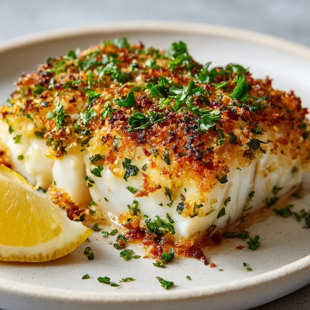 Garlic Parmesan Crusted Halibut: The Ultimate Crispy Fish Dinner 1 A Garlic Parmesan Crusted Halibut served on a simple white ceramic plate, illuminated by soft natural daylight to show the crust's texture.