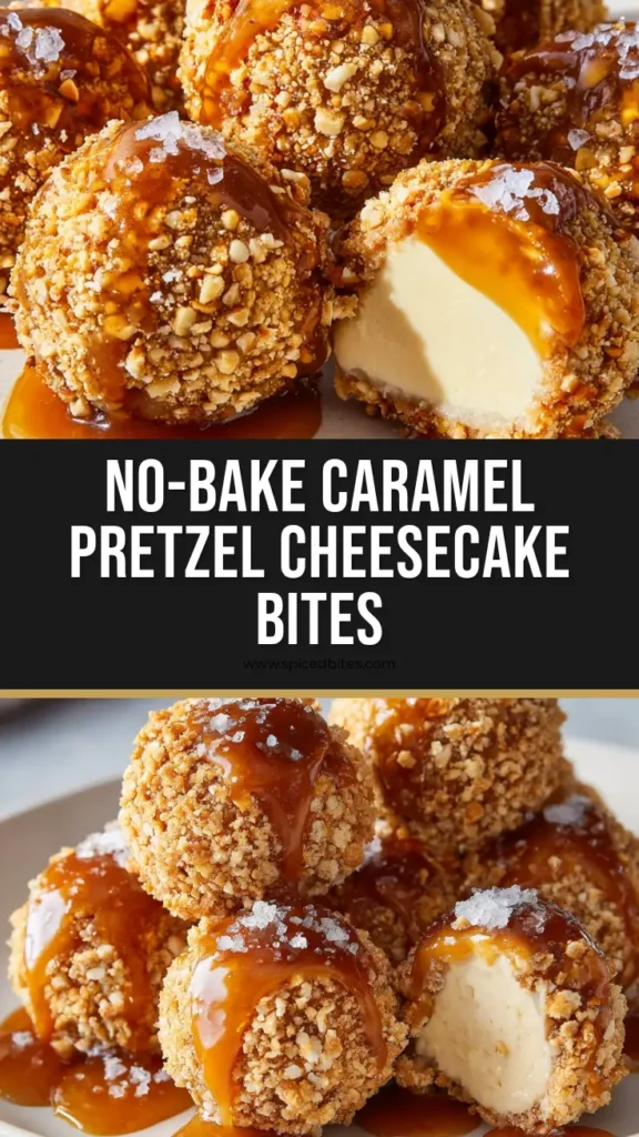A close-up of several Salted Caramel Pretzel Cheesecake Balls on a white plate, one is cut open showing the creamy center.