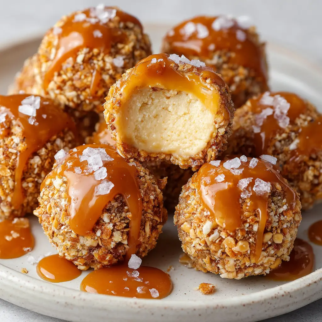 Thick, glossy amber salted caramel sauce generously drizzled over the top of pretzel-coated cheesecake balls, with coarse sea salt flakes.
