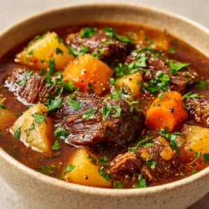 Paprika Beef Stew: The Ultimate Recipe for Rich, Cozy Comfort 3 A close-up view of Paprika Beef Stew in a rustic stoneware bowl, highlighting the glossy broth and tender chunks of beef, carrots, and potatoes. (Paprika Beef Stew)