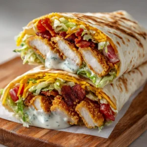 The Ultimate Chicken Bacon Ranch Wrap (Crispy & Cheesy) 3 A close-up cross-section of a toasted Chicken Bacon Ranch Wrap, with melted cheddar cheese oozing over crispy chicken and fresh lettuce.