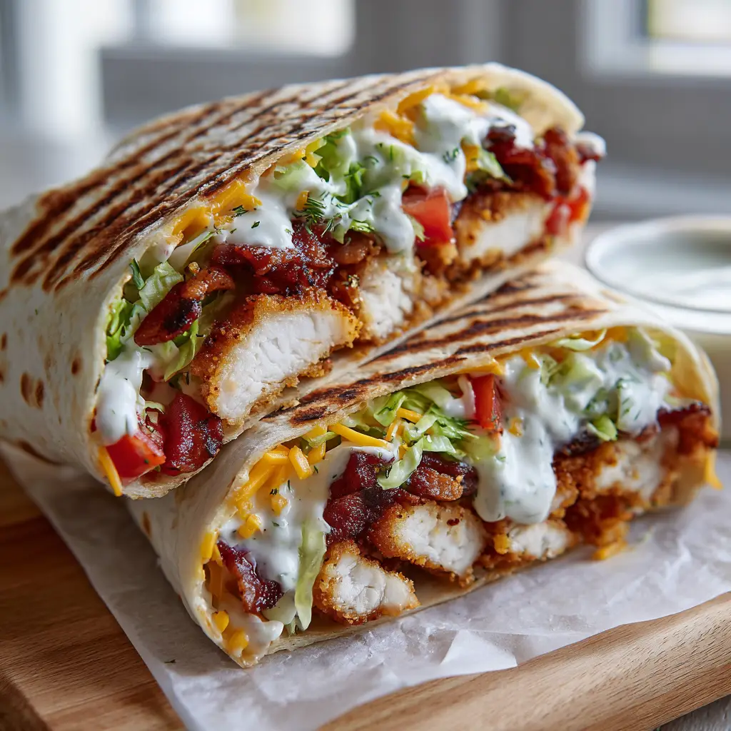 The Ultimate Chicken Bacon Ranch Wrap (Crispy & Cheesy) 1 Two halves of a grilled Chicken Bacon Ranch Wrap resting on a wooden board, showcasing the detailed layers of ingredients inside.