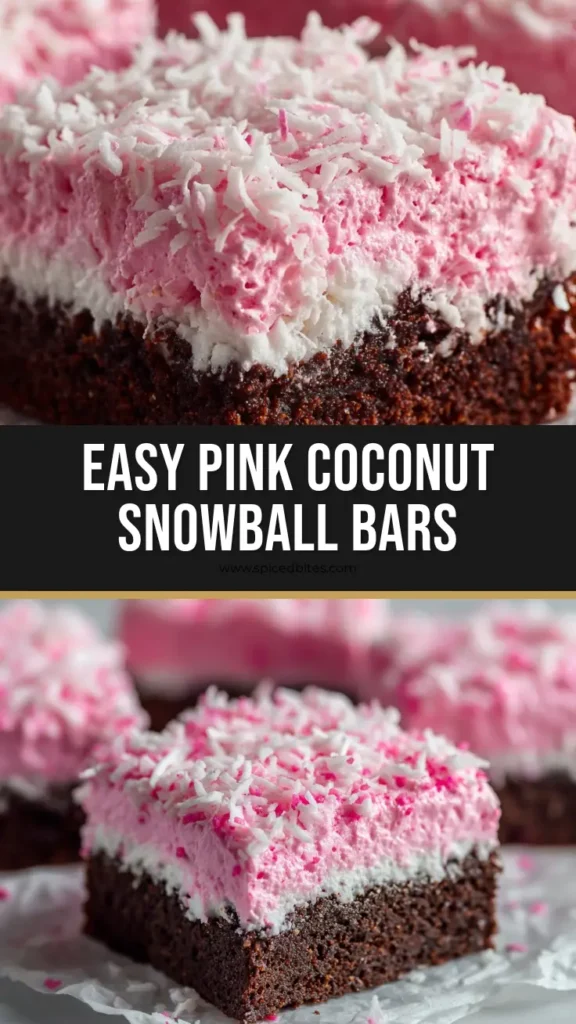 Pink Coconut Snowball Cake Bars: A Fudgy Delight 4 A delectable stack of Pink Coconut Snowball Cake Bars, showcasing the dense chocolate layer, fluffy pink frosting, and generous coconut topping. An inviting and colorful dessert.