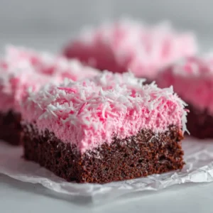 Pink Coconut Snowball Cake Bars: A Fudgy Delight 3 A close-up shot of Pink Coconut Snowball Cake Bars resting on crinkled parchment paper. The image highlights the texture of the dense chocolate fudge base and the thick, vibrant pink marshmallow frosting coated in coconut.