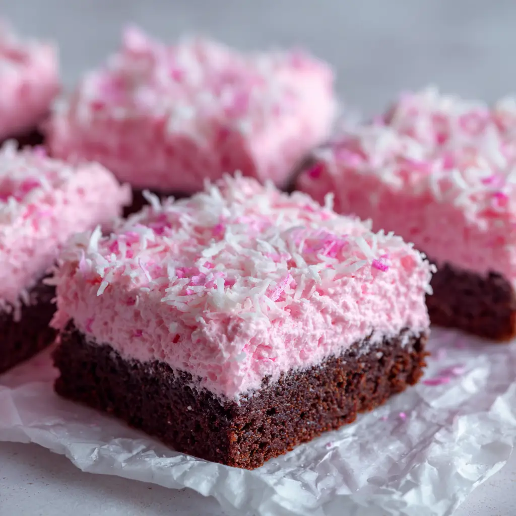 Pink Coconut Snowball Cake Bars: A Fudgy Delight 1 A square-cut Pink Coconut Snowball Cake Bar shown from an overhead angle, detailing the fluffy pink and white shredded coconut topping over the marshmallow frosting.